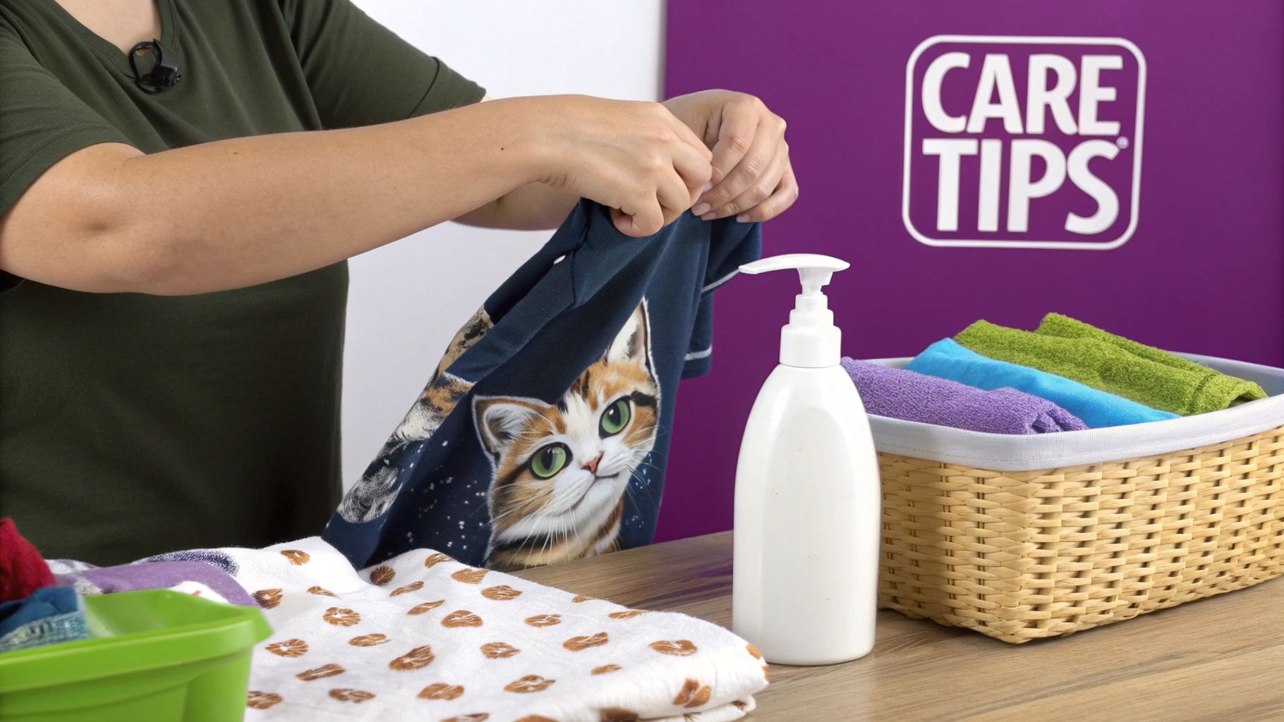 Person holding a blue shirt with a cat face, near laundry supplies and a 'CARE TIPS' sign.