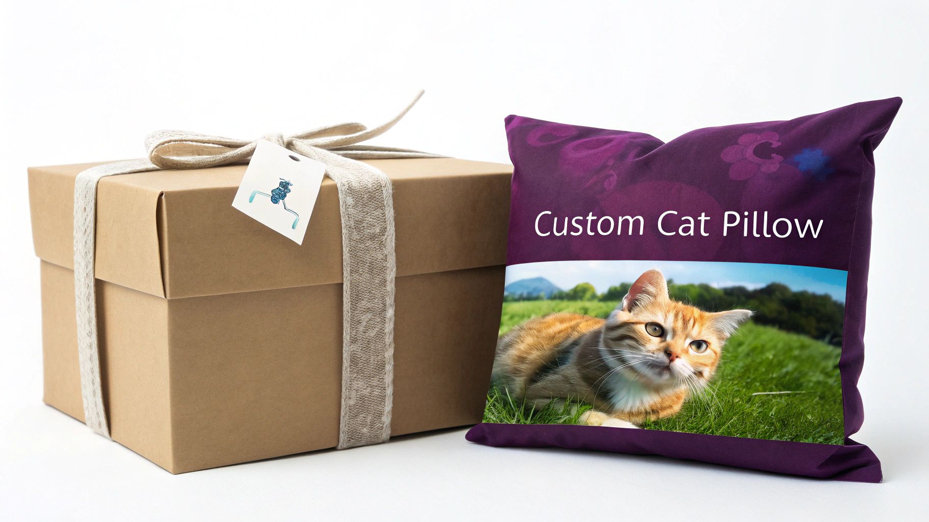 A custom purple cat throw pillow with a cat photo, displayed next to a brown gift box.
