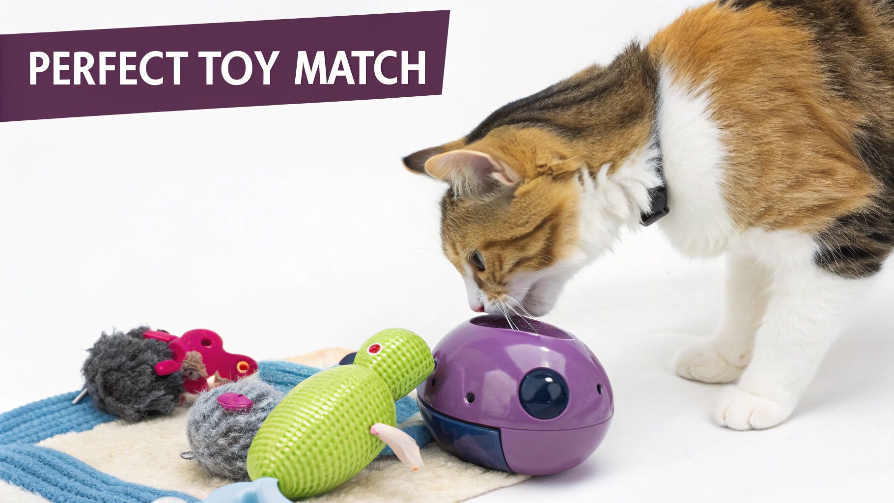 A curious cat looking at a toy mouse on the floor.