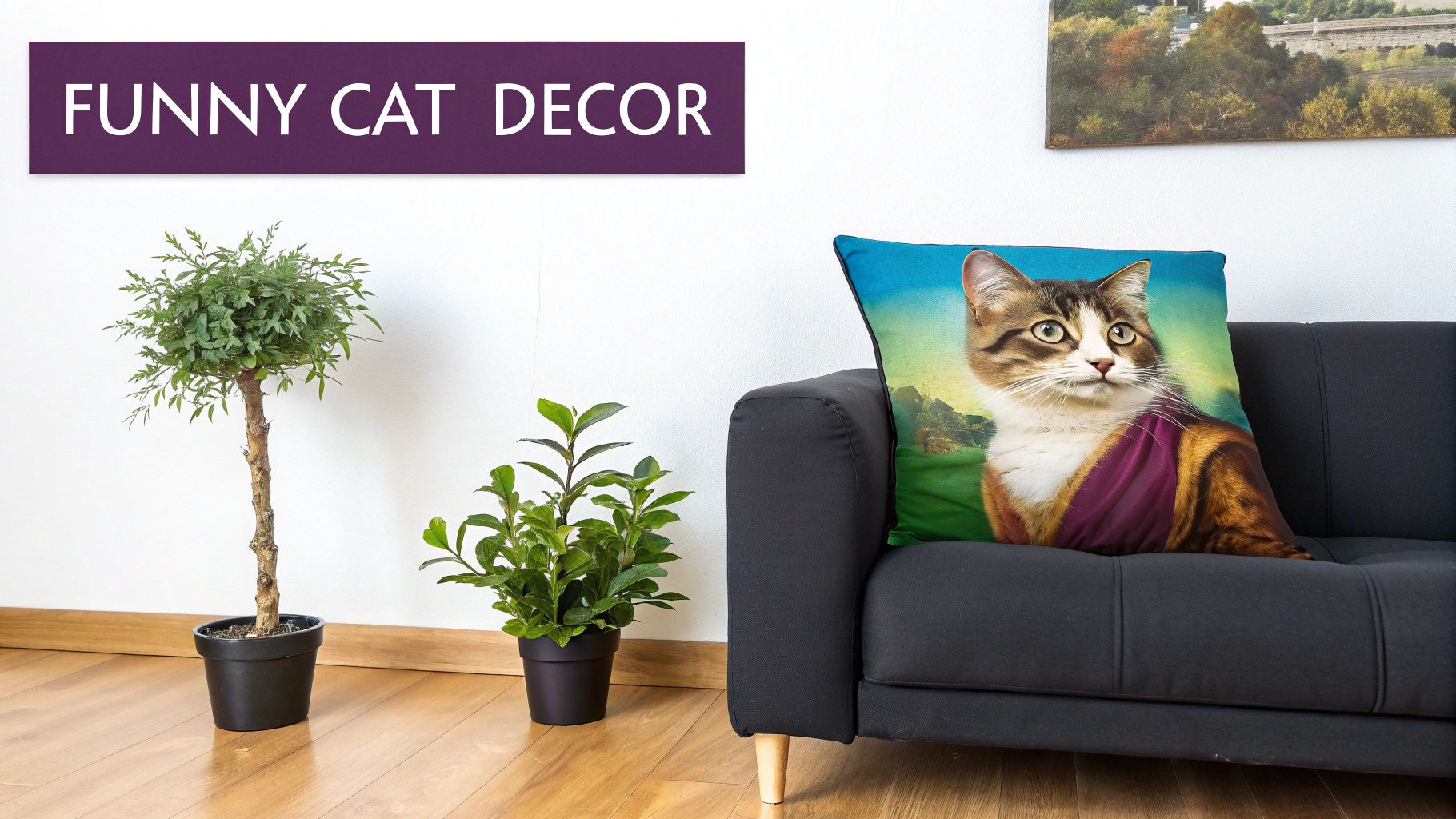 A fun cat pillow with a cat in a purple robe on a grey sofa in a modern living room.