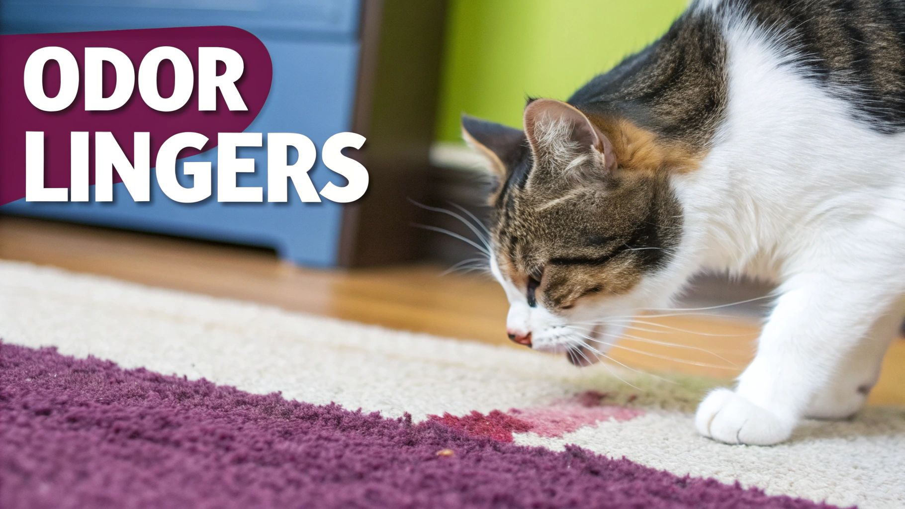 A frustrated person kneeling on the floor, cleaning a spot while a mischievous cat looks on from the background.
