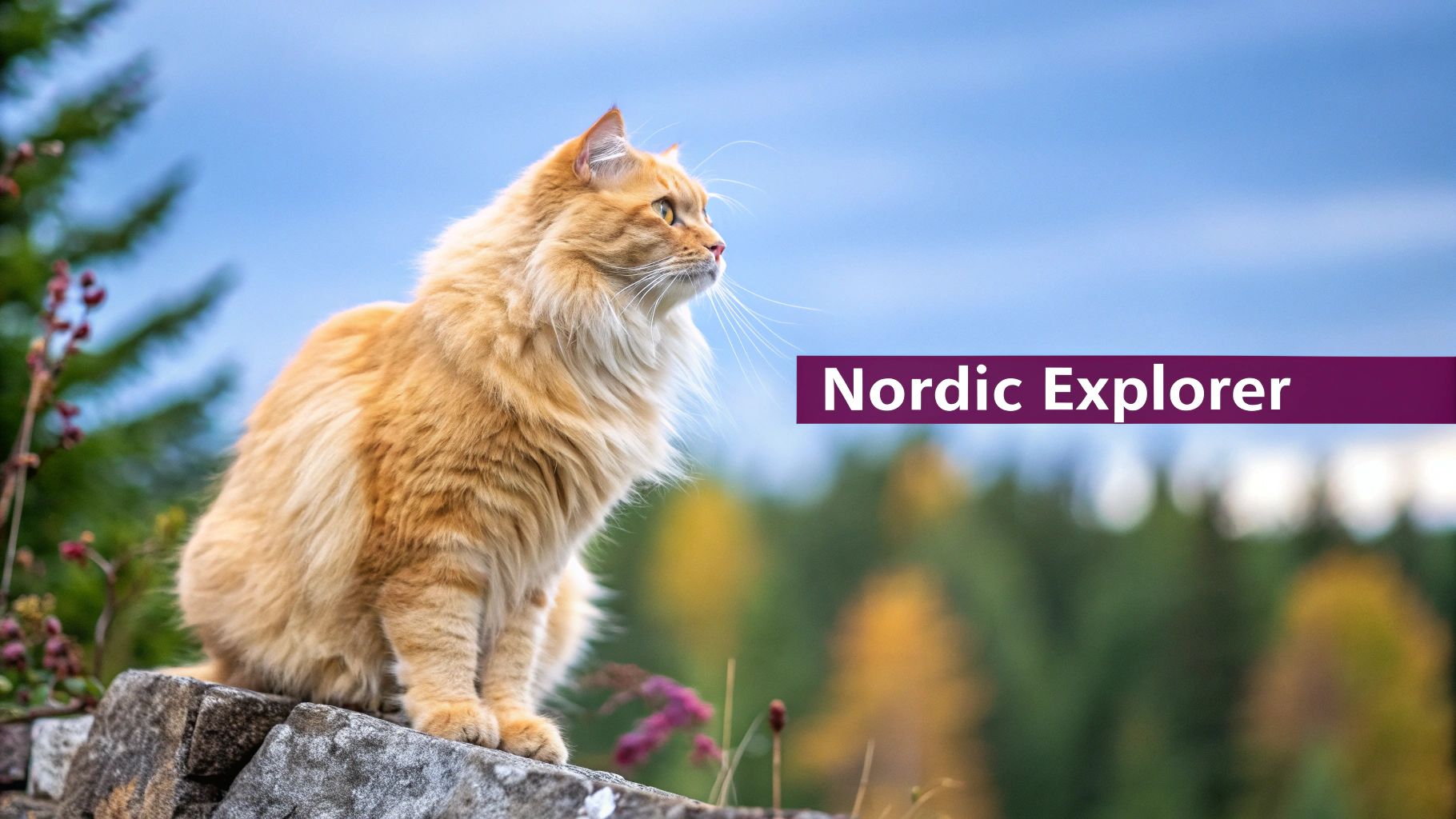 A majestic fluffy orange cat sits on a stone wall, gazing towards the right against a blue sky.