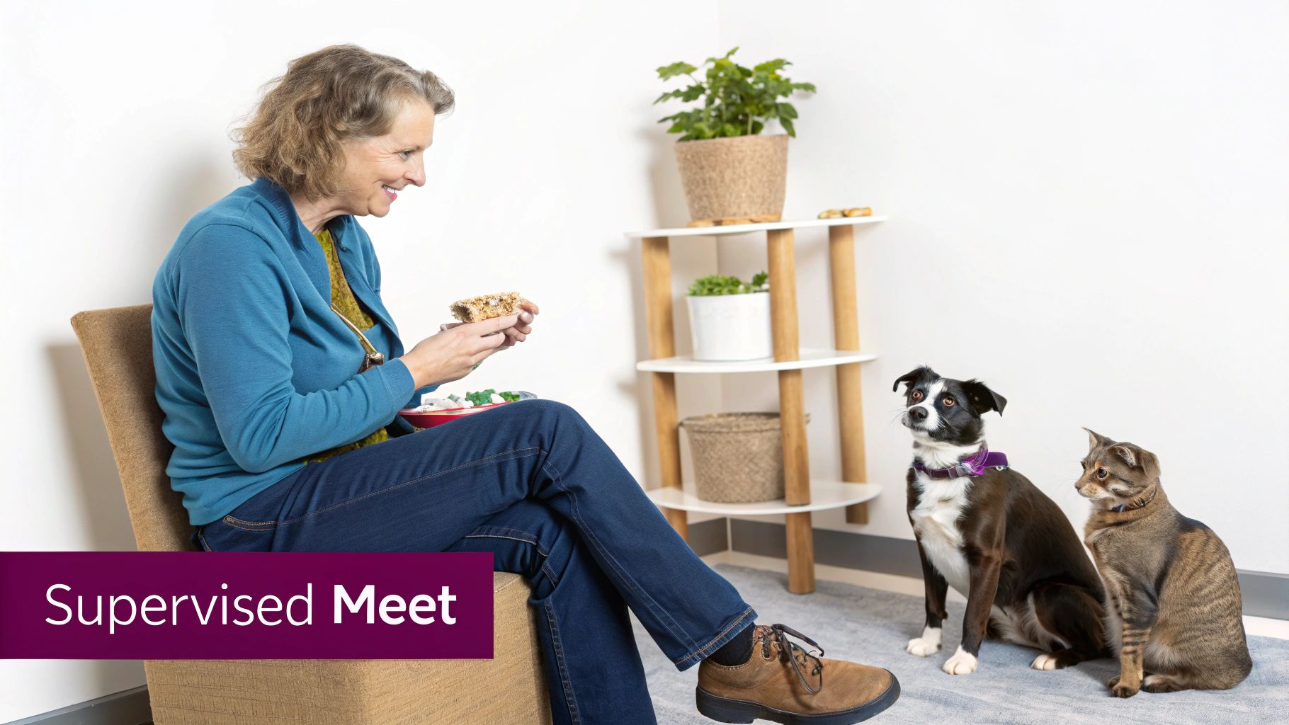 Smiling woman with snack, watched by a dog and cat during a supervised meet.