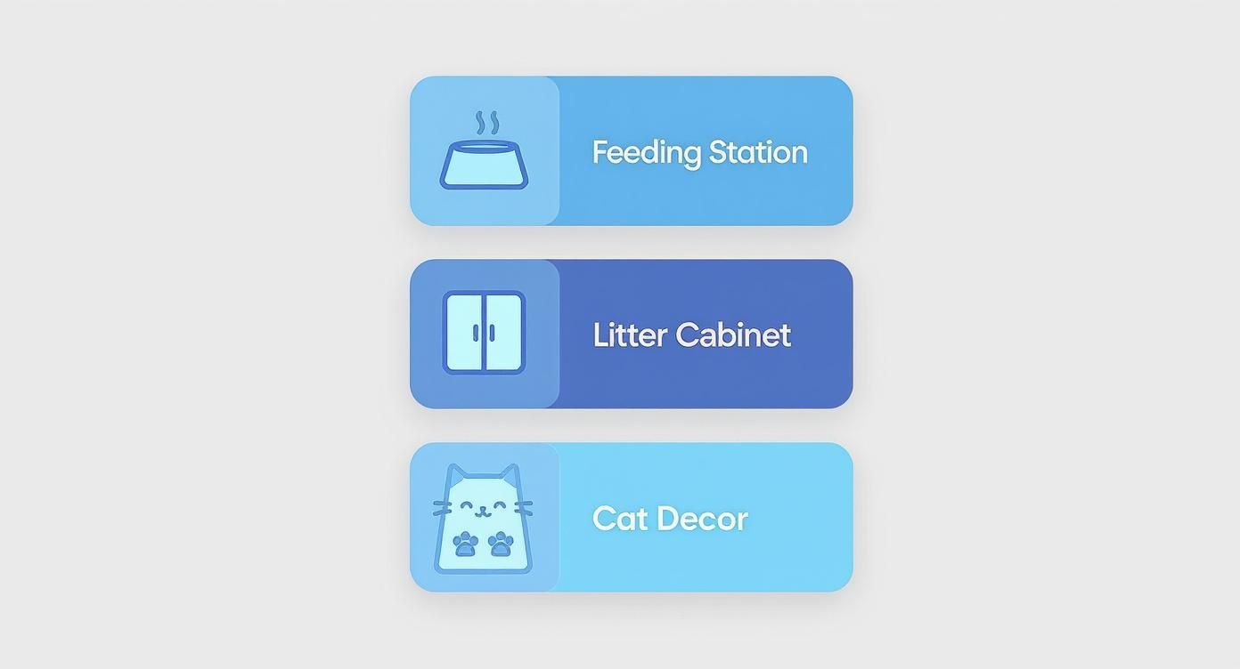 Three blue menu buttons showing feeding station, litter cabinet, and cat decor icons for feline home setup