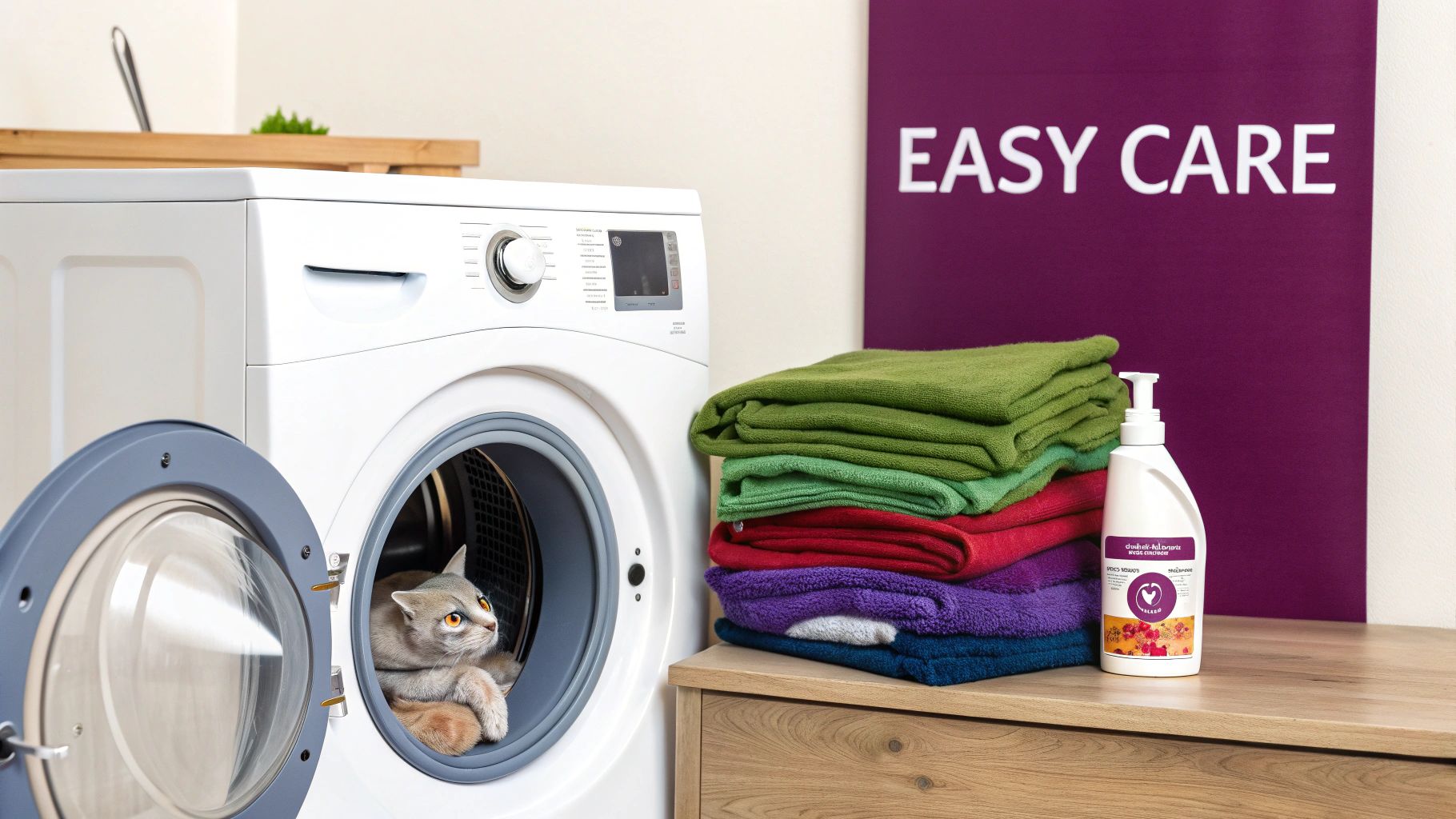 A cat rests comfortably inside an open washing machine, next to a stack of colorful towels and laundry detergent.