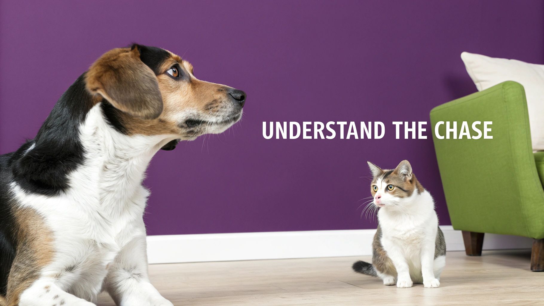 A dog looks intently at a cat on a wooden floor, with 'UNDERSTAND THE CHASE' text on a purple wall.