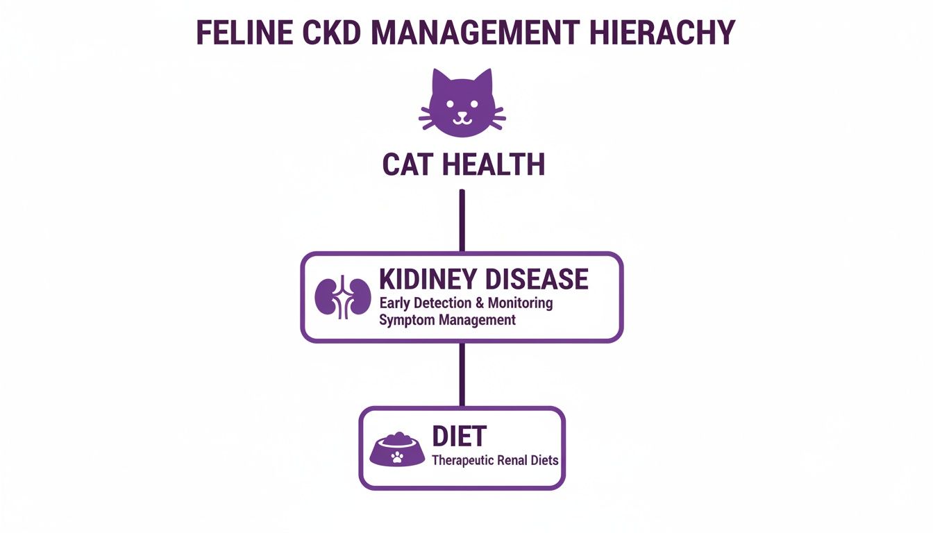 Hierarchy chart illustrating feline CKD management, prioritizing cat health, kidney disease, and therapeutic renal diets.