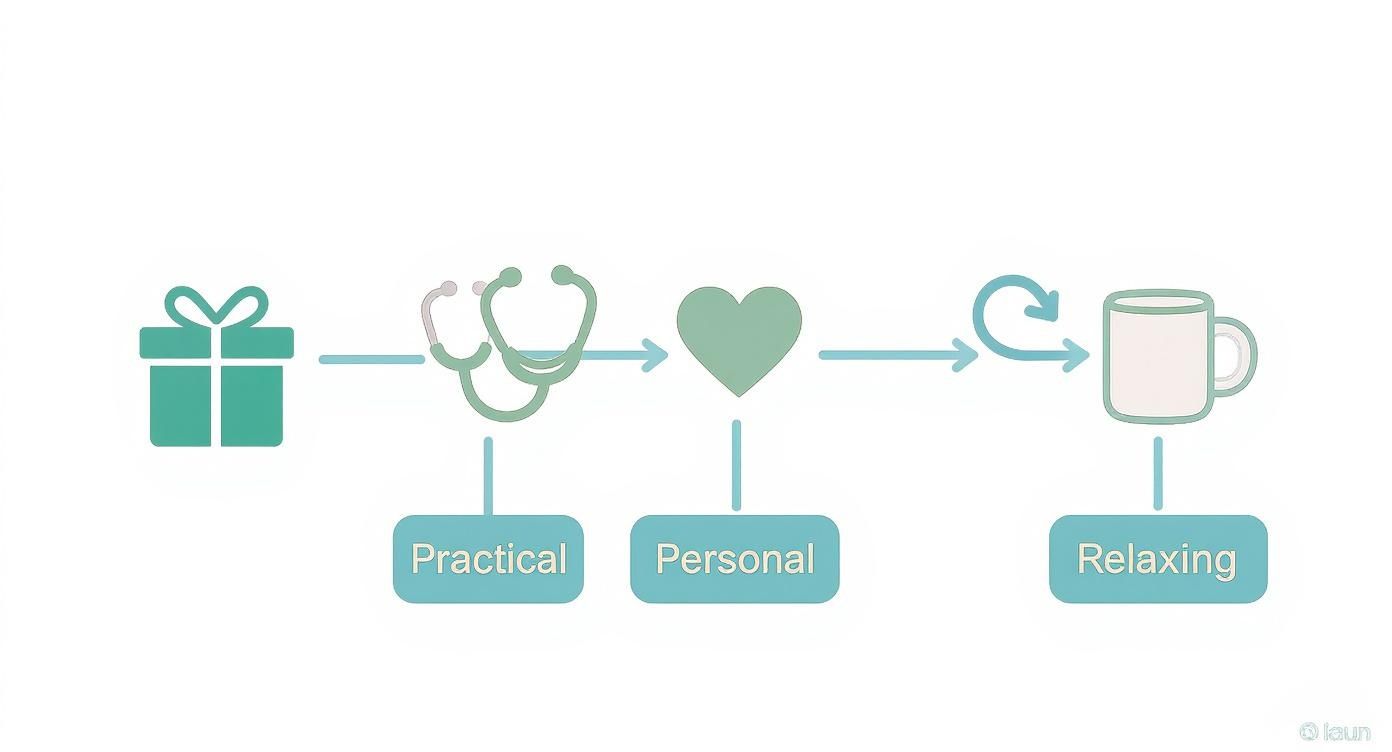 Flowchart showing gift categories: gift box to practical stethoscope, personal heart, and relaxing mug.