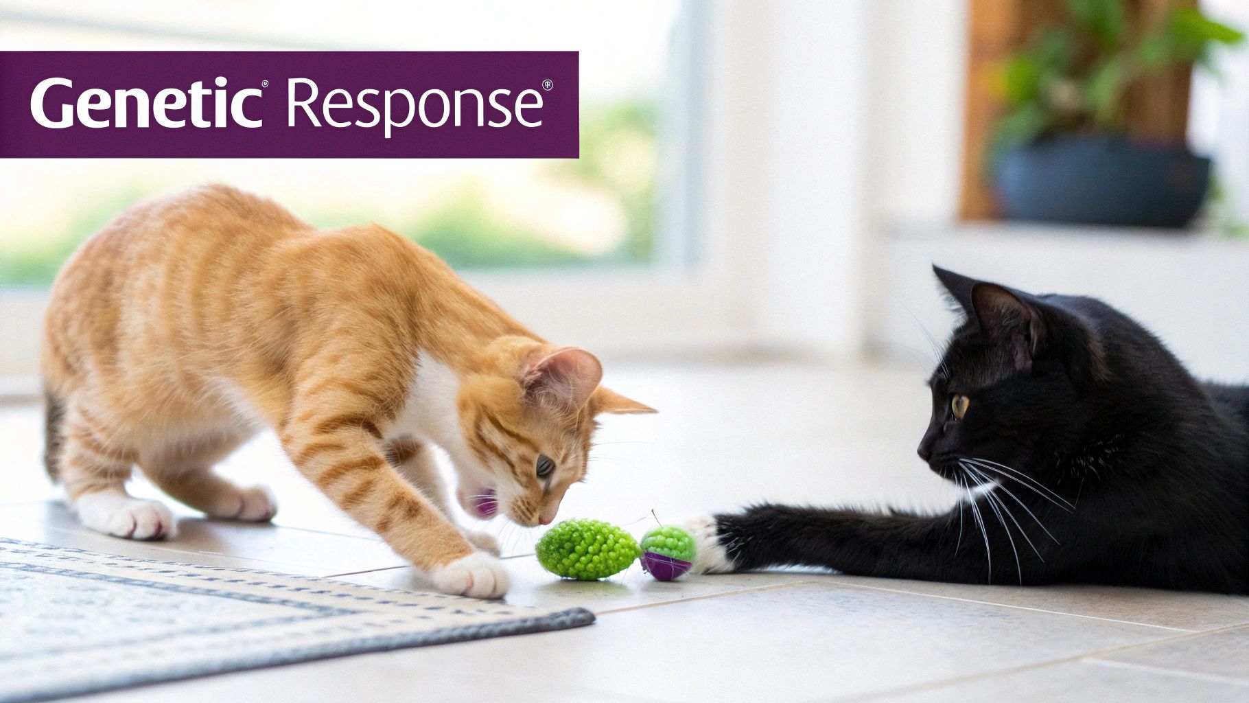 An orange tabby cat and a black cat actively playing with green catnip toys on a tile floor.