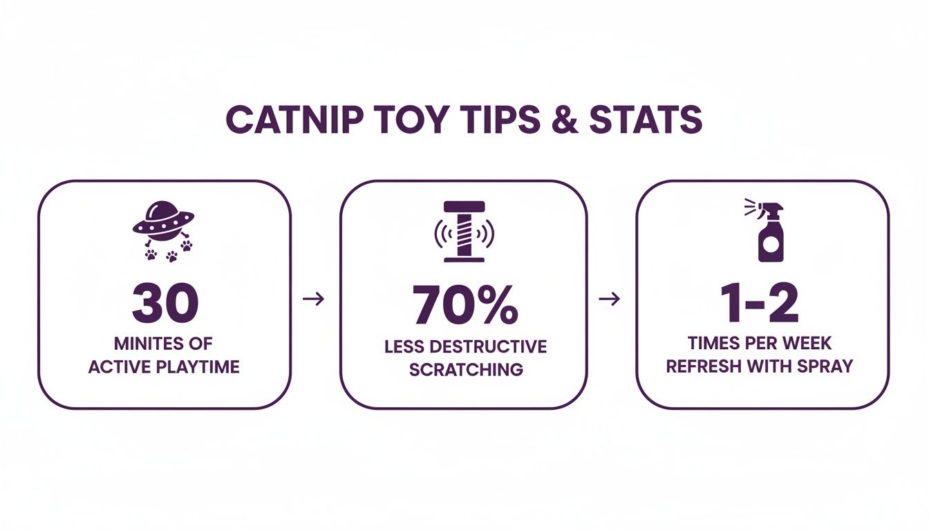 Infographic details catnip toy benefits: 30 minutes active play, 70% less destructive scratching, refresh 1-2 times weekly.