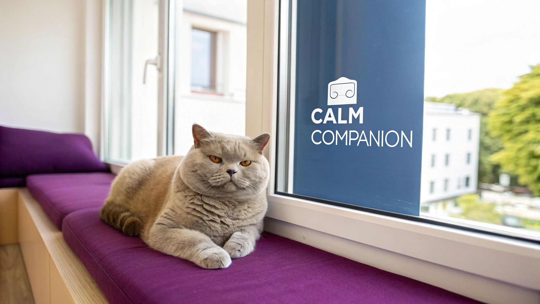 A fluffy British Shorthair cat with amber eyes lies comfortably on a vibrant purple window seat.