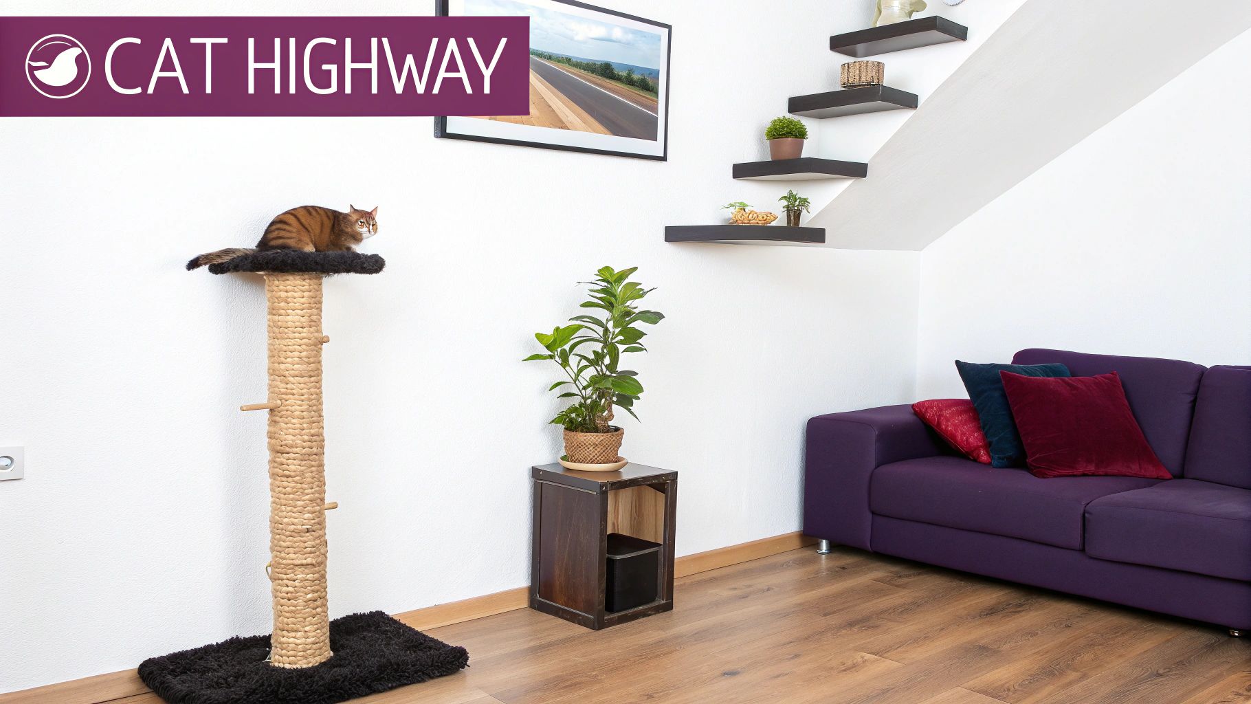 Modern living room with cat scratching post tower and wall-mounted cat shelves forming highway