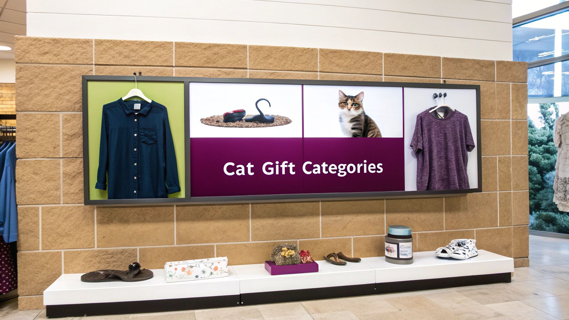 A retail display features cat gift categories on screens, alongside clothing and various products on a shelf.