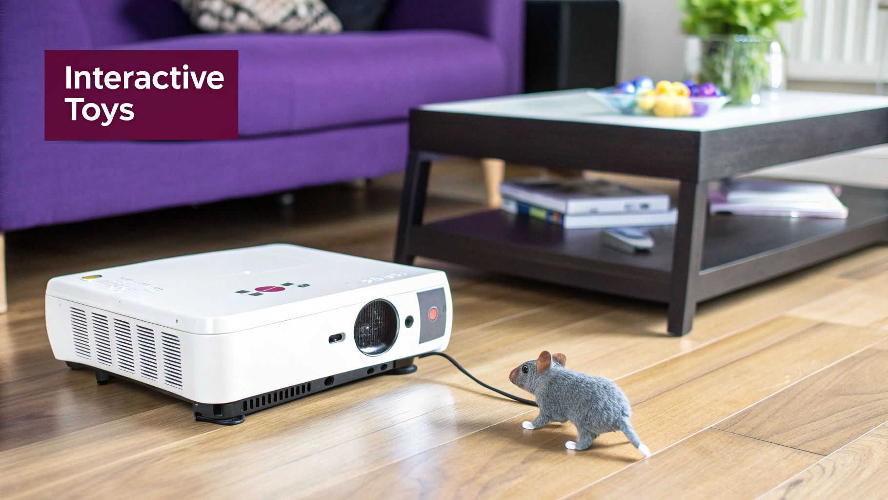 White projector with interactive toy mouse on wooden floor for entertaining bored cats