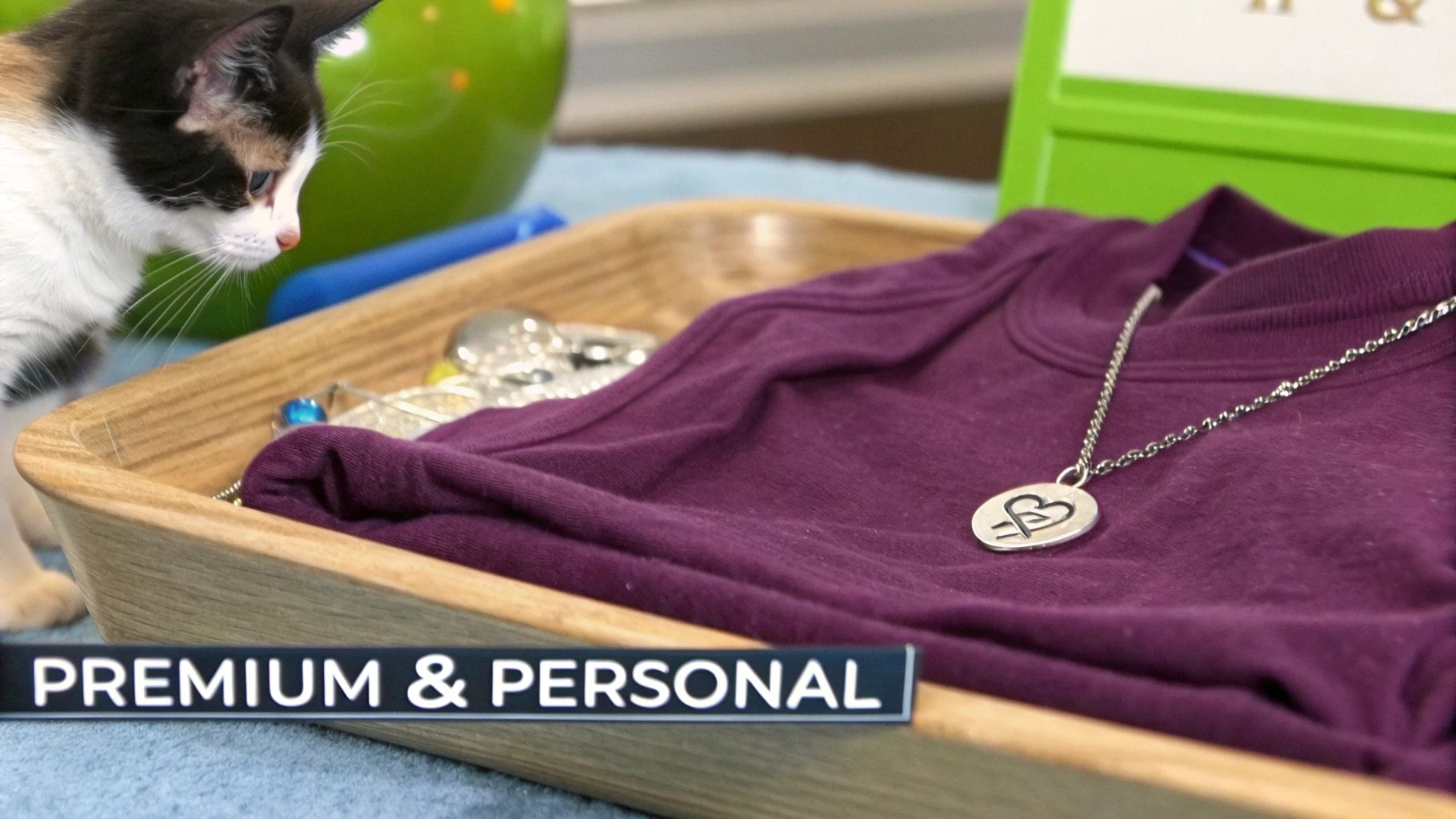 A curious calico kitten observes a purple shirt and silver heart necklace in a wooden tray.