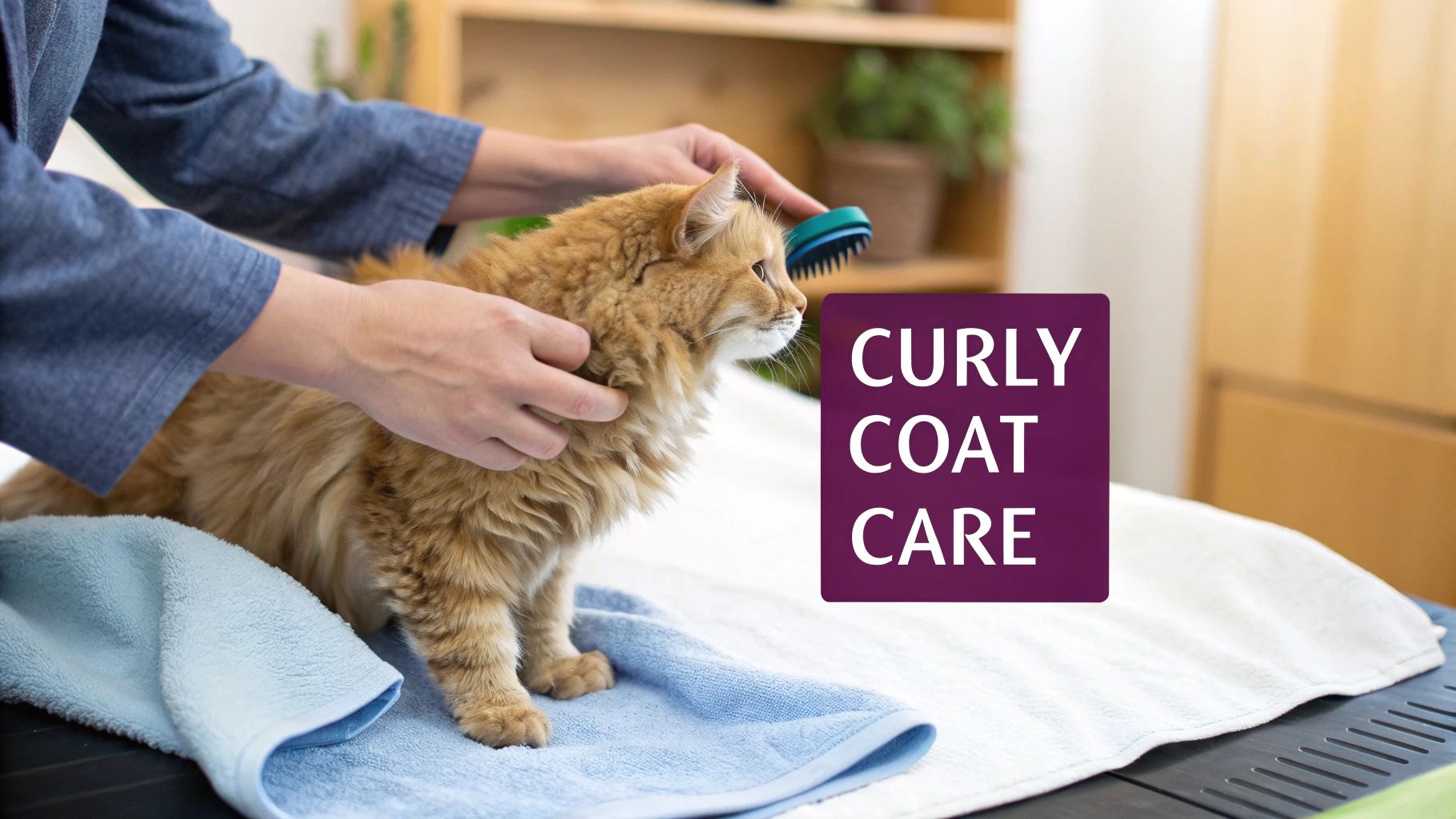 A person gently grooming a curly-haired cat with a soft brush.