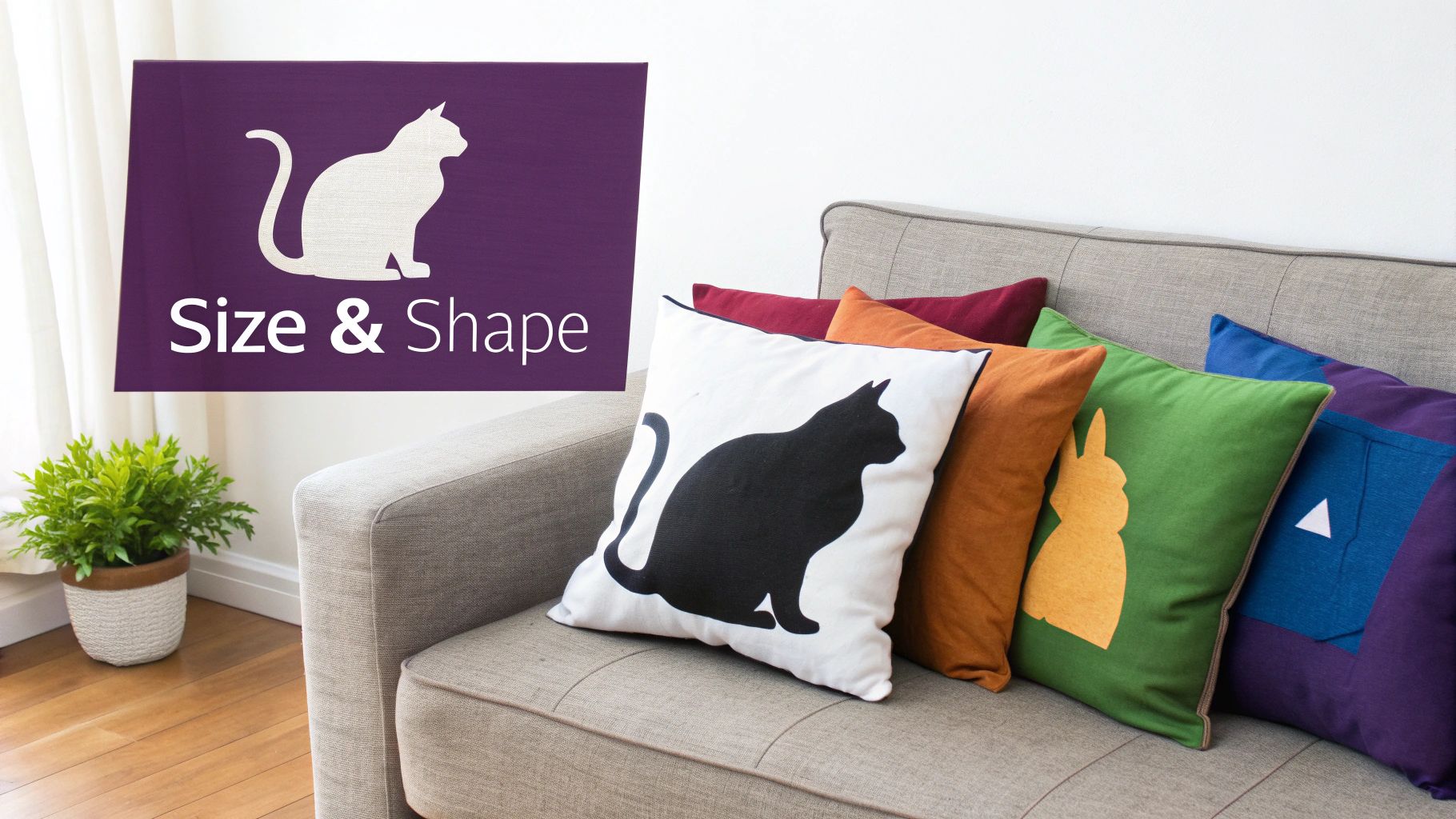 A cozy living room scene with a couch displaying colorful throw pillows, including one with a black cat silhouette.