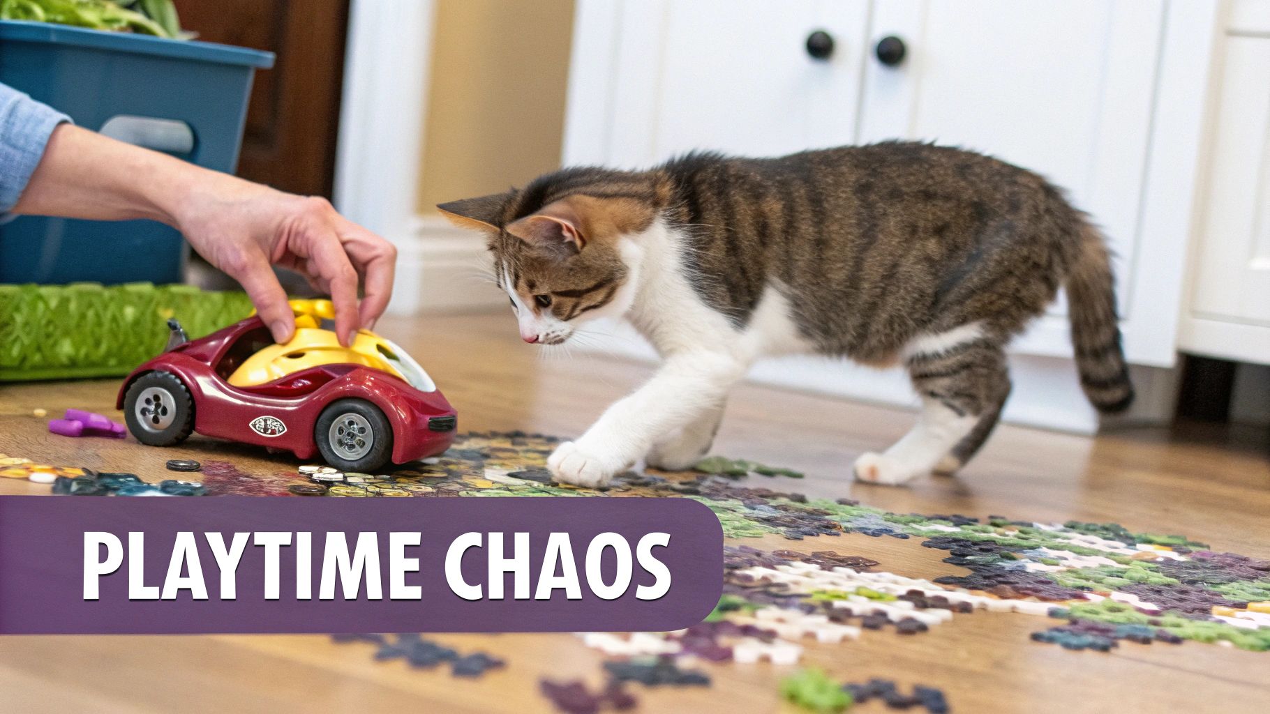 A person's hand plays with a red toy car as a curious tabby kitten walks on scattered puzzle pieces.