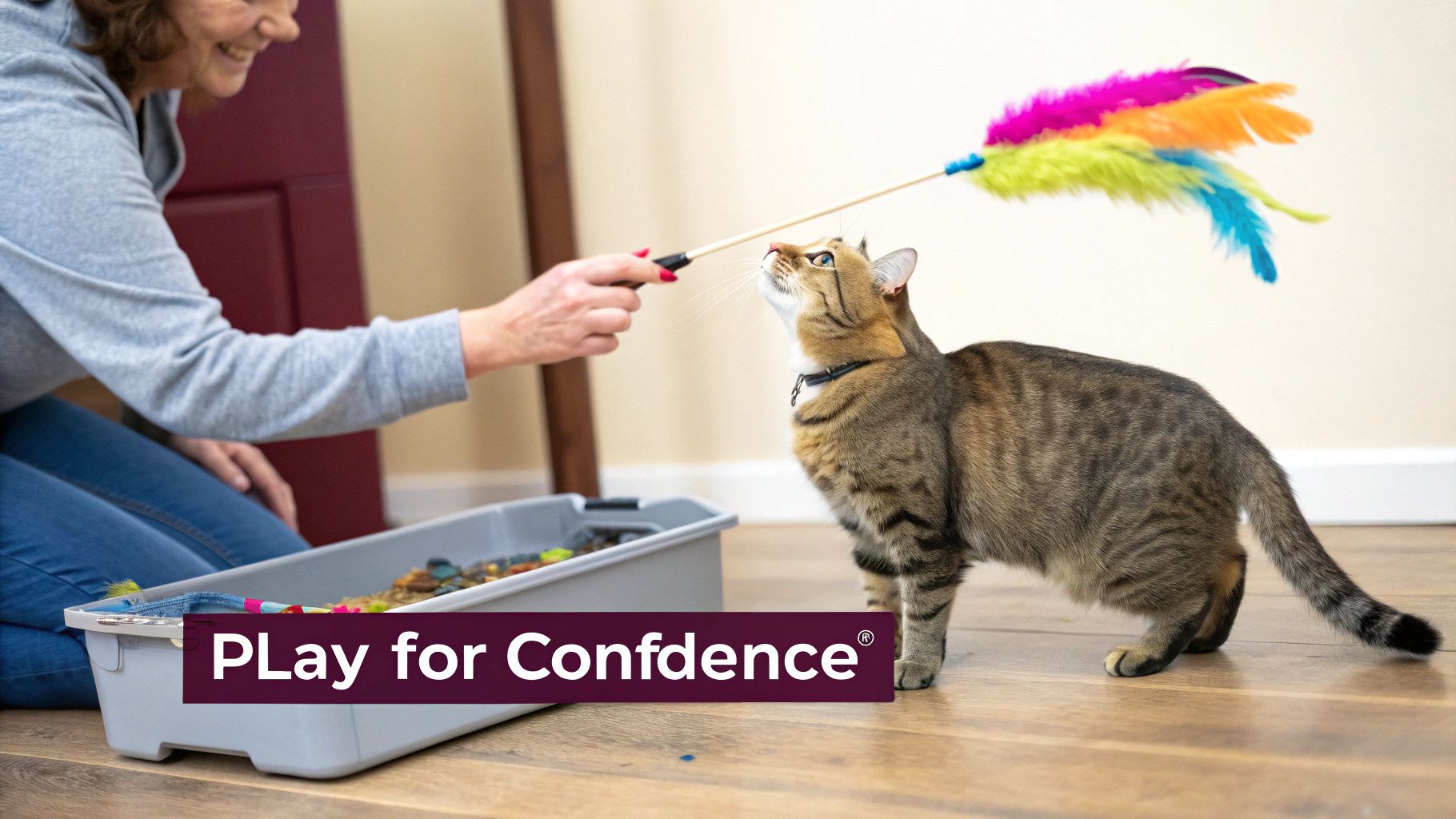 A person playing with their cat using a feather wand toy