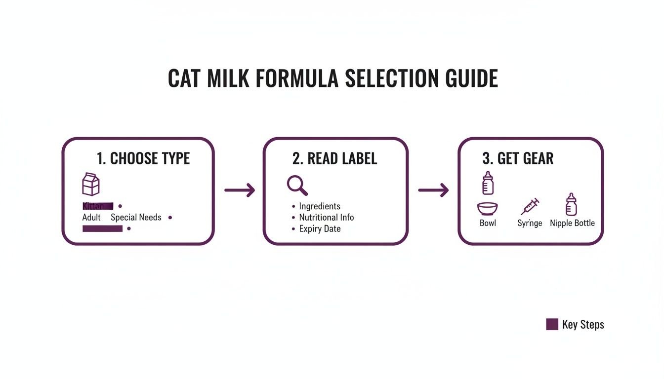 A visual guide outlining three steps for selecting cat milk formula: choose type, read label, and get gear.