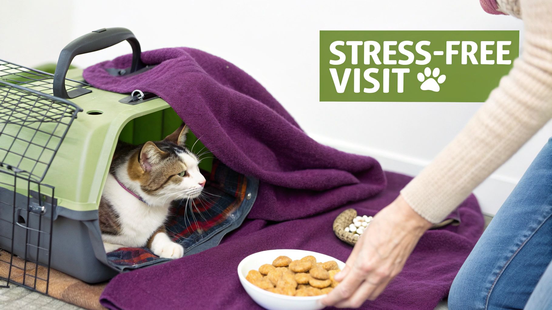 A cat peeking out of a comfortable travel carrier