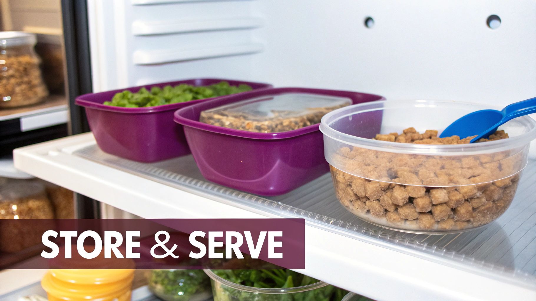 An open refrigerator shelf with various food storage containers, including pet food with a blue scoop.