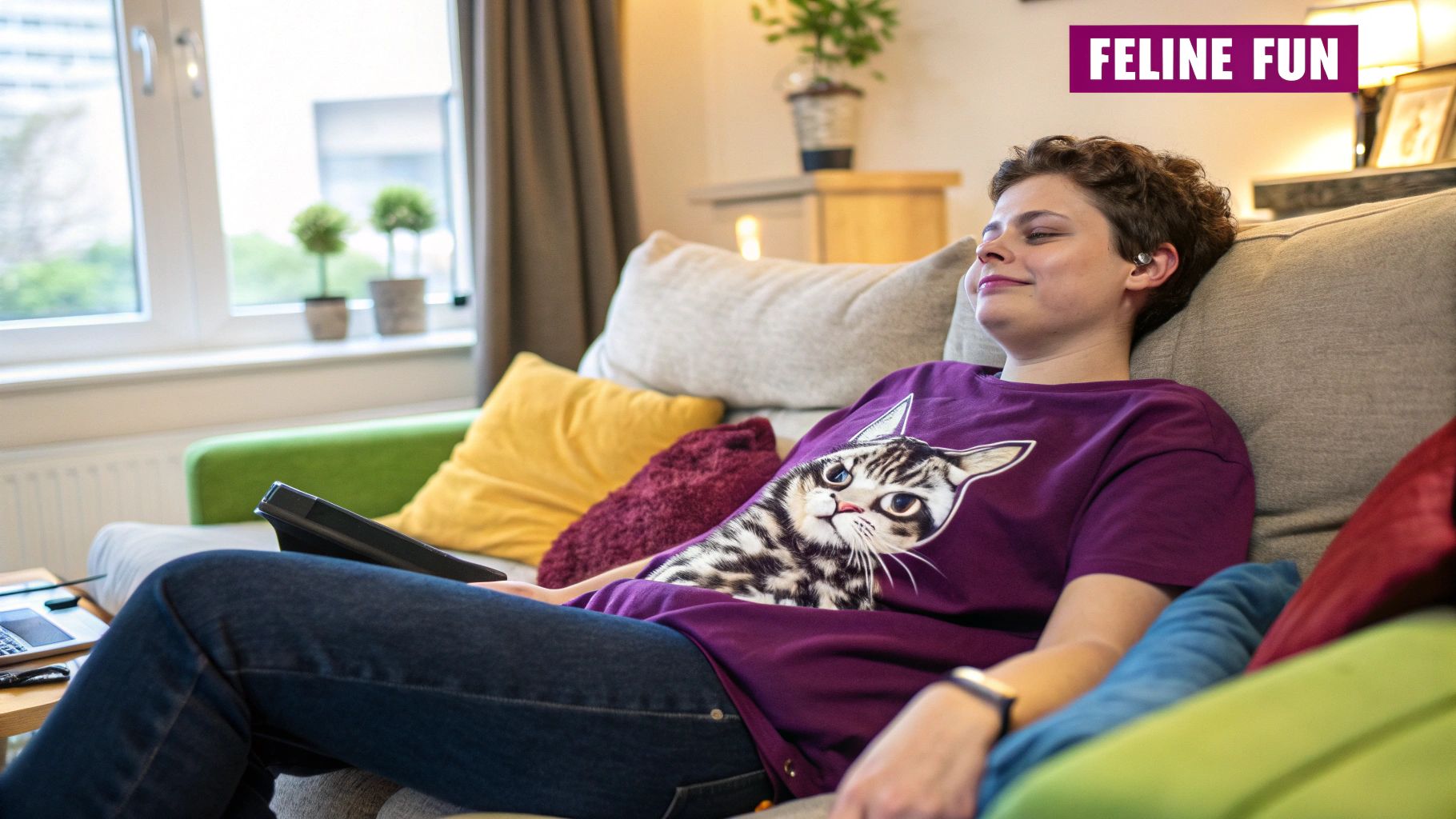 A person wearing a playful cat graphic tee while petting a cat.