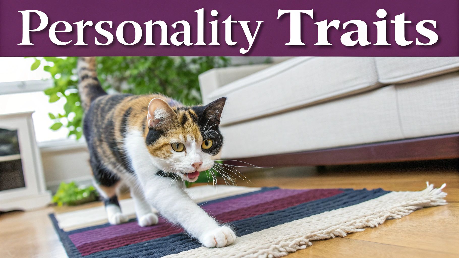 A calico cat sitting comfortably on a wooden surface, looking content.