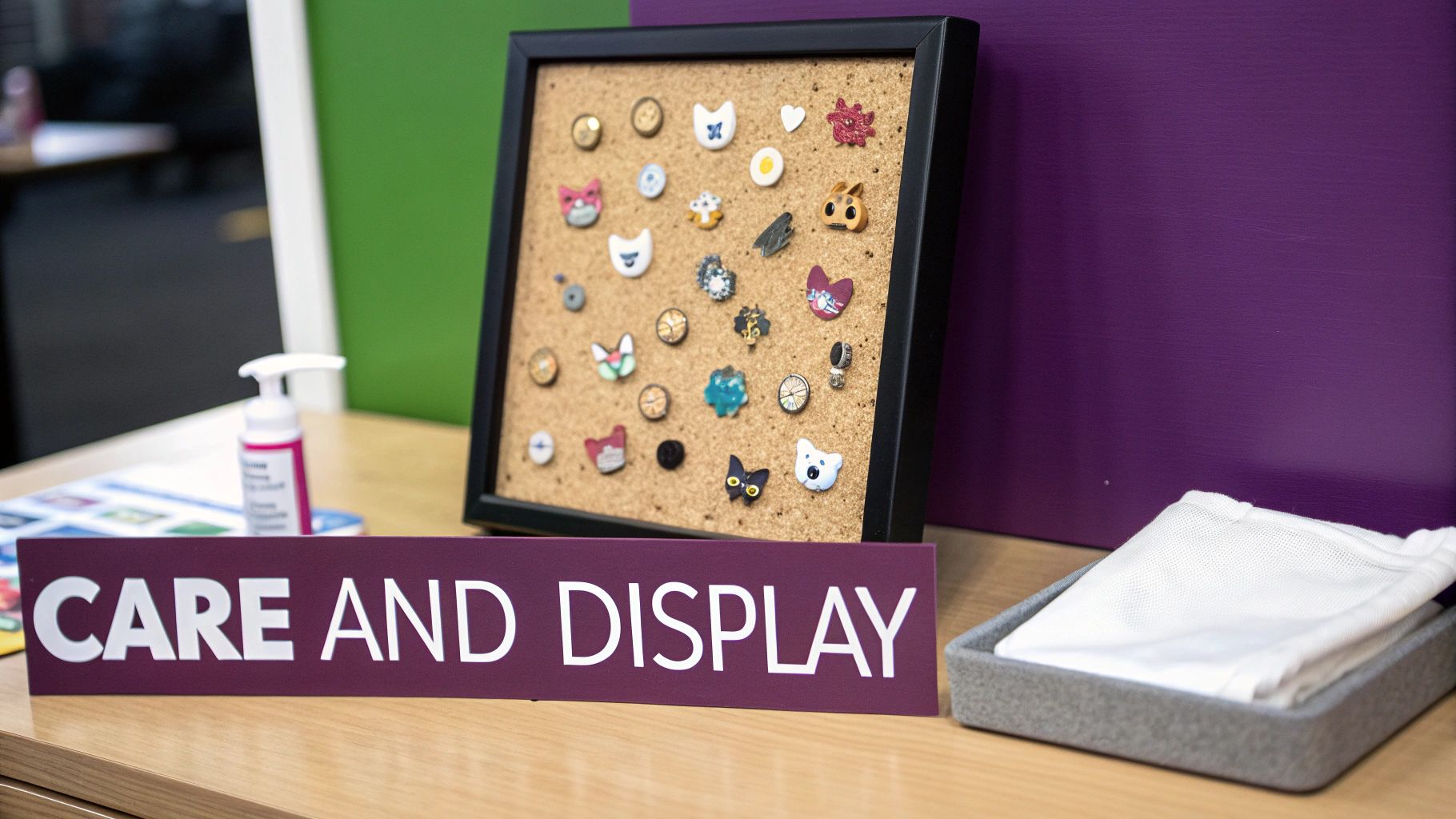 A corkboard displaying numerous colorful enamel pins, including many cat-shaped designs, on a desk with a 'CARE AND DISPLAY' sign.