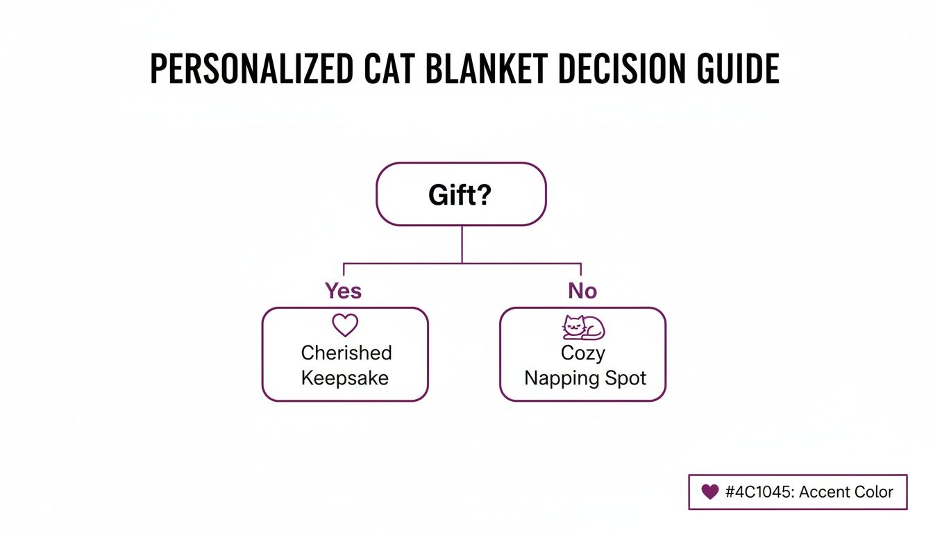 A decision guide for personalized cat blankets, asking 'Gift?' leading to 'Cherished Keepsake' or 'Cozy Napping Spot'.