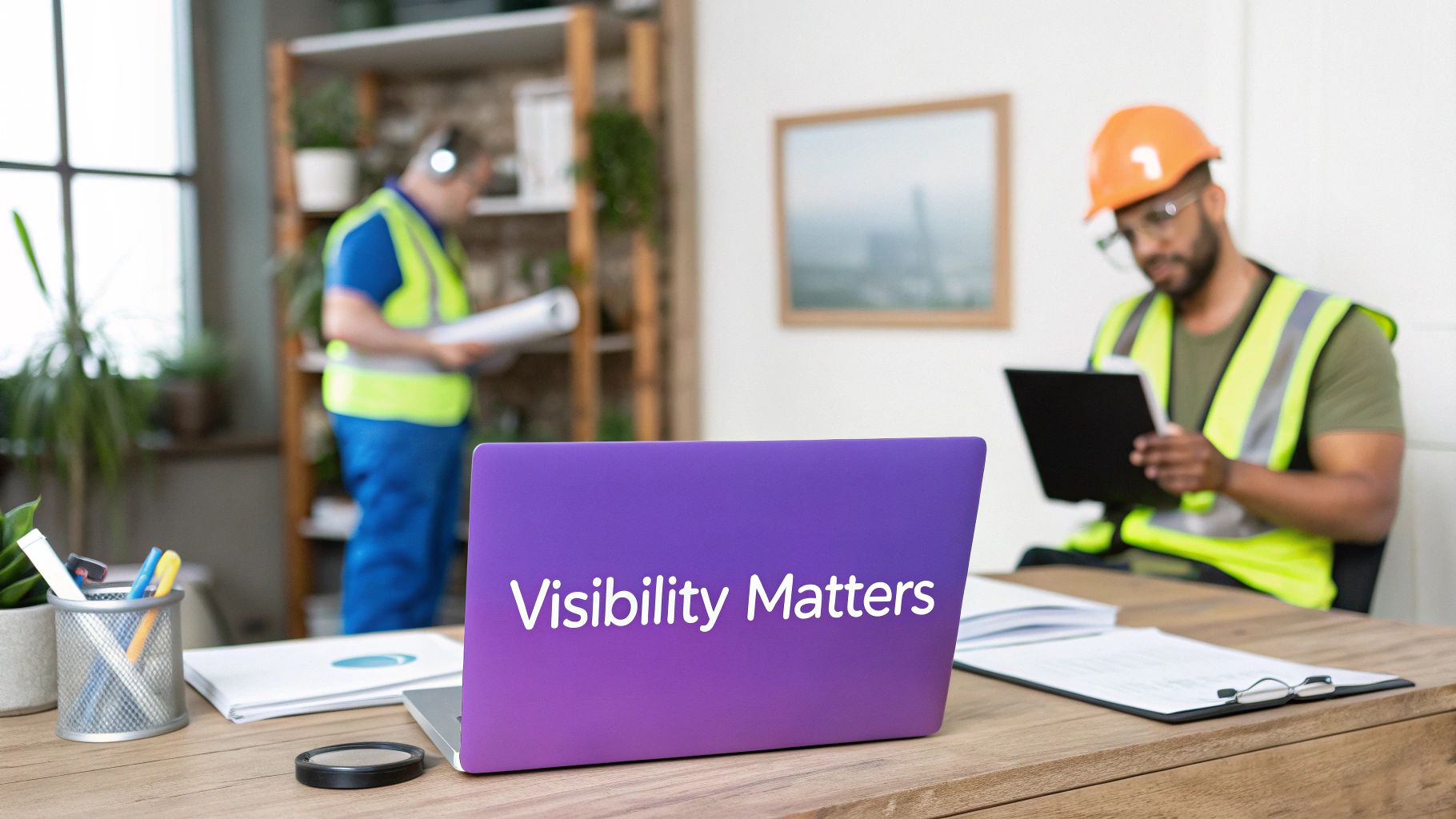 Construction workers in safety vests reviewing project plans with laptop displaying visibility matters message