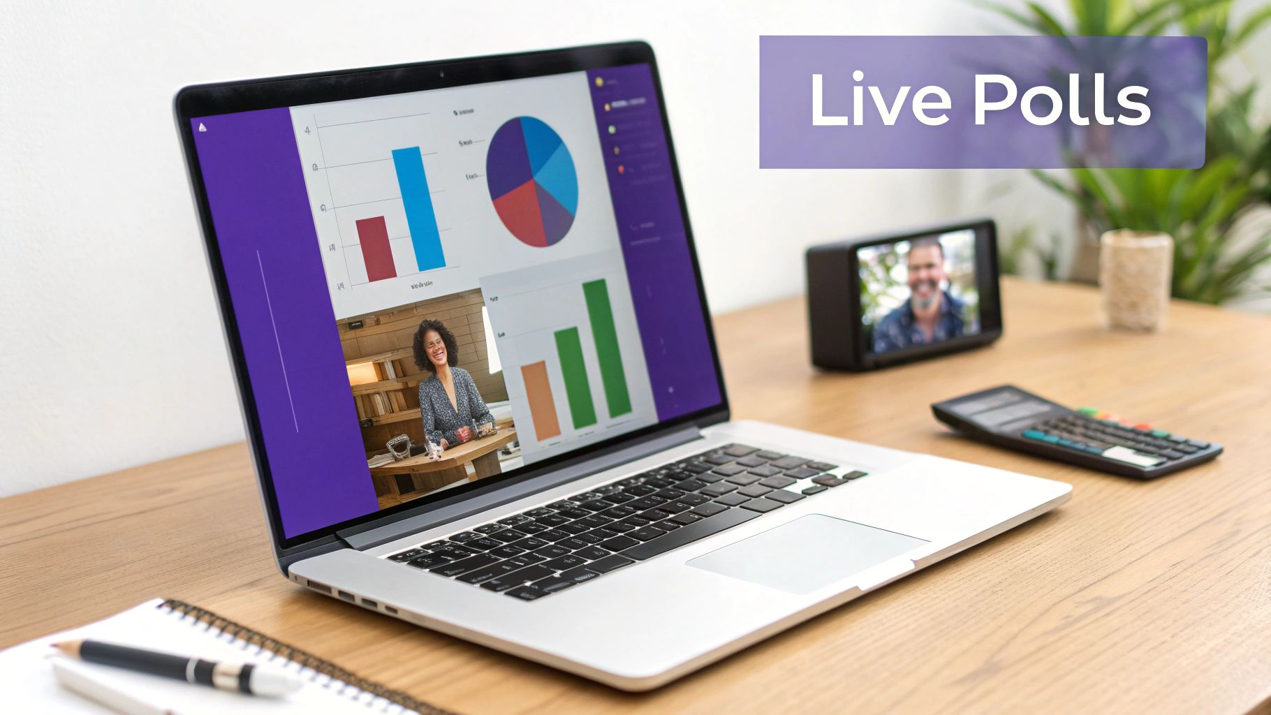 A laptop on a desk displays data charts, a video call with a smiling woman, and 'Live Polls' text.