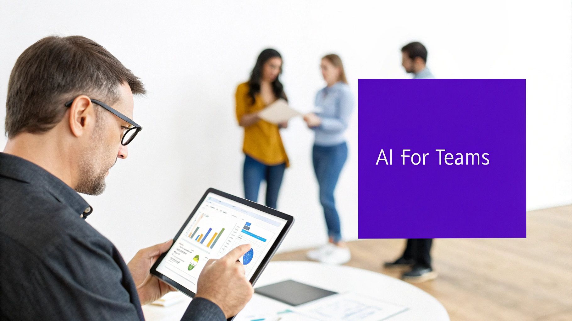 A chart with upward-trending lines is displayed on a screen, with team members discussing it in a bright, modern office.