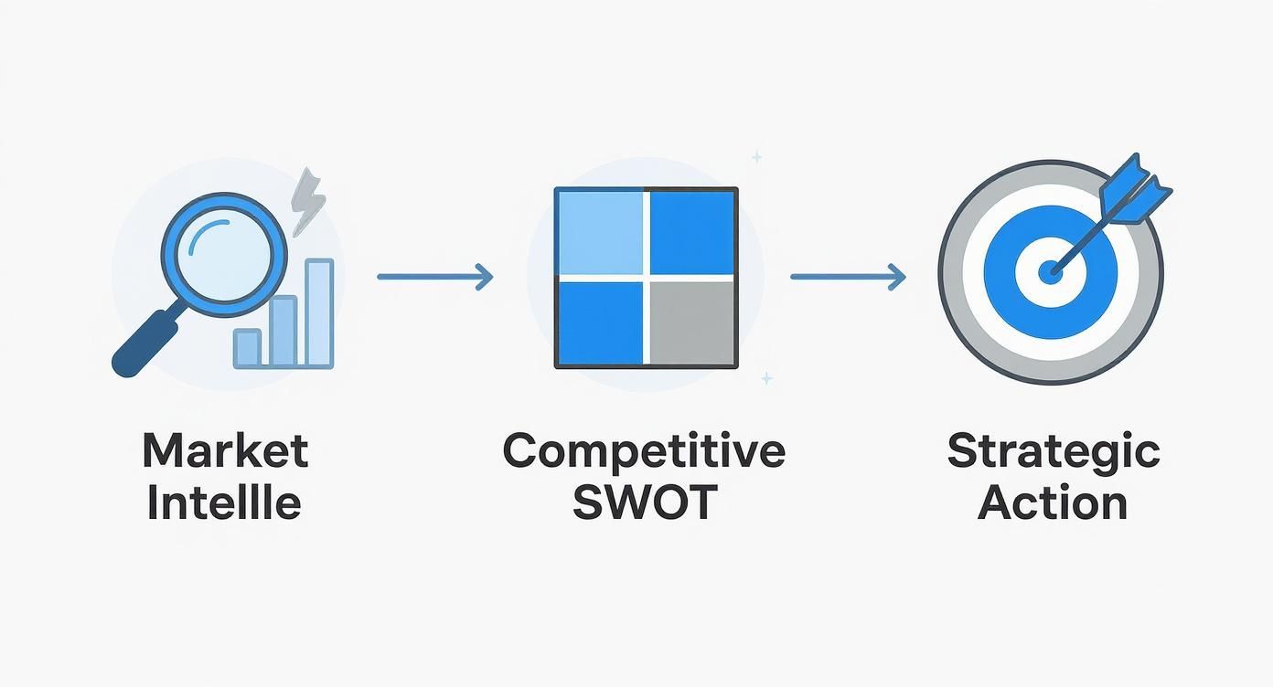 A diagram illustrating a business process from market intelligence to competitive SWOT analysis and strategic action.