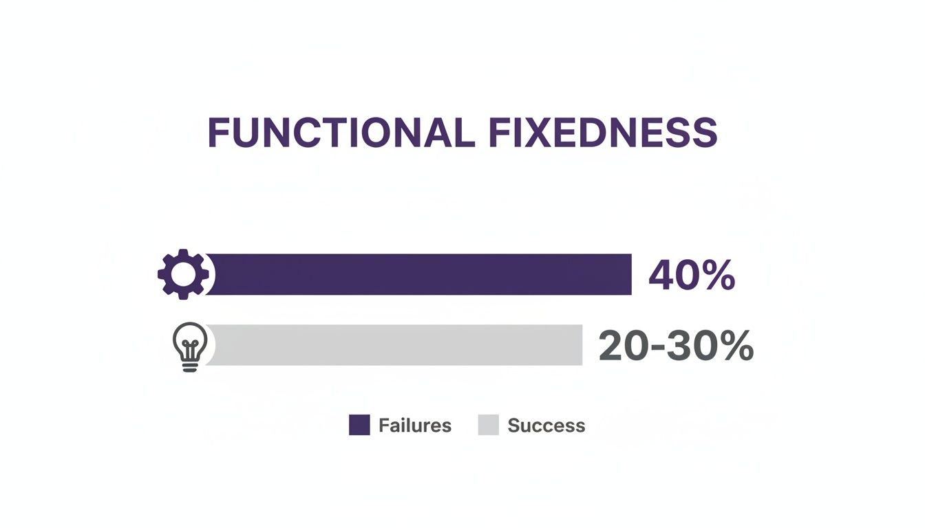 Bar chart illustrating functional fixedness, showing 40% failures and 20-30% success rates.