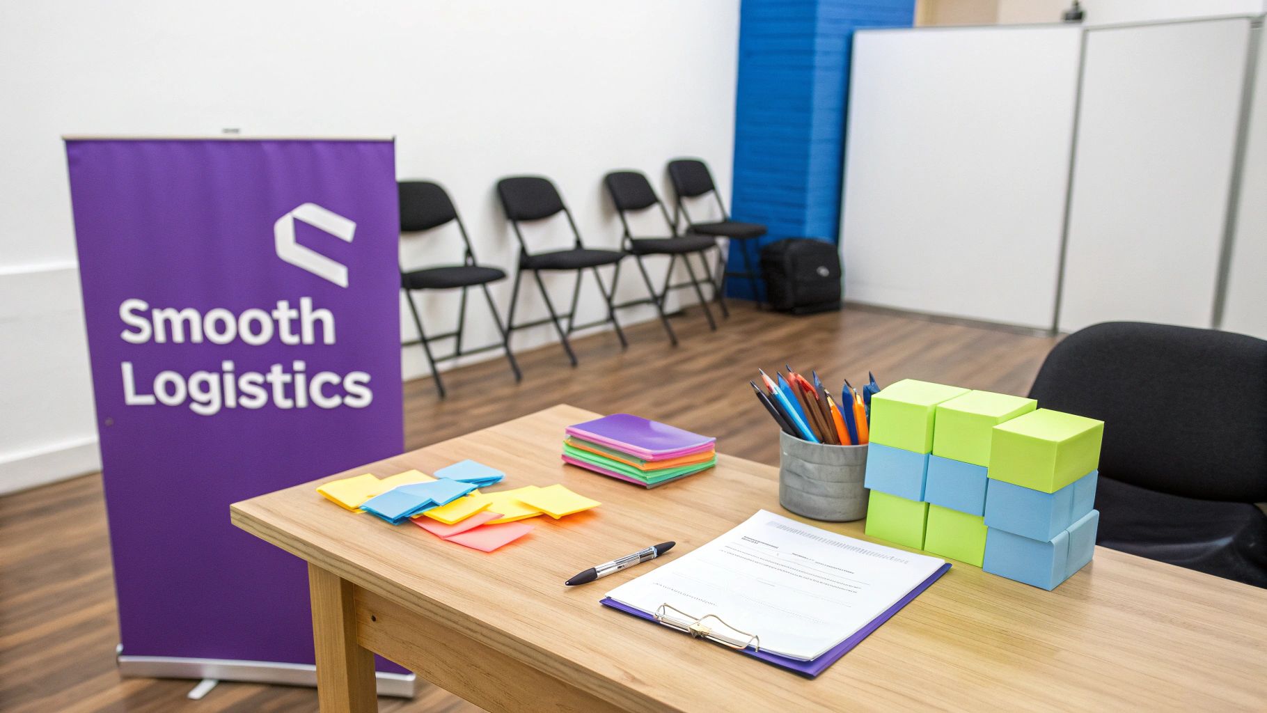 A well-organized workspace with supplies like sticky notes, markers, and a laptop, ready for a workshop.