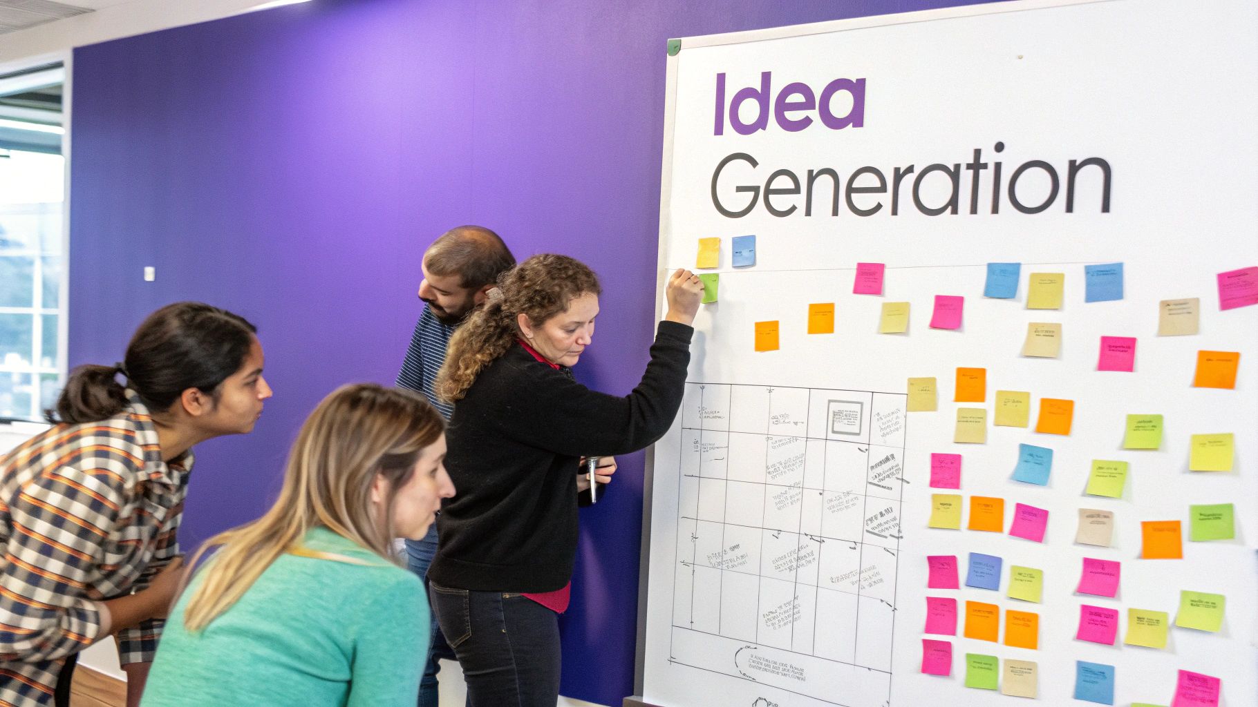 A team collaborating around a whiteboard covered in sticky notes during a brainstorming session.