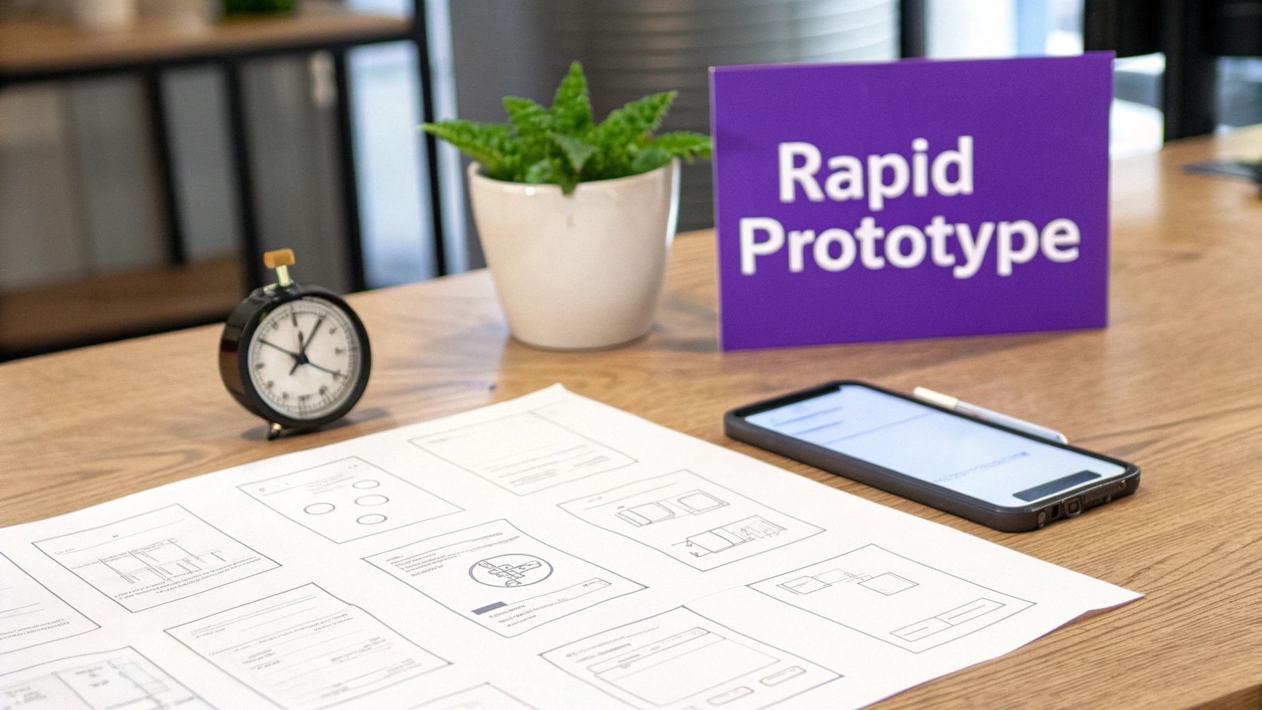 A design workspace featuring a 'Rapid Prototype' sign, a plant, a stopwatch, a smartphone with a stylus, and paper wireframe sketches.