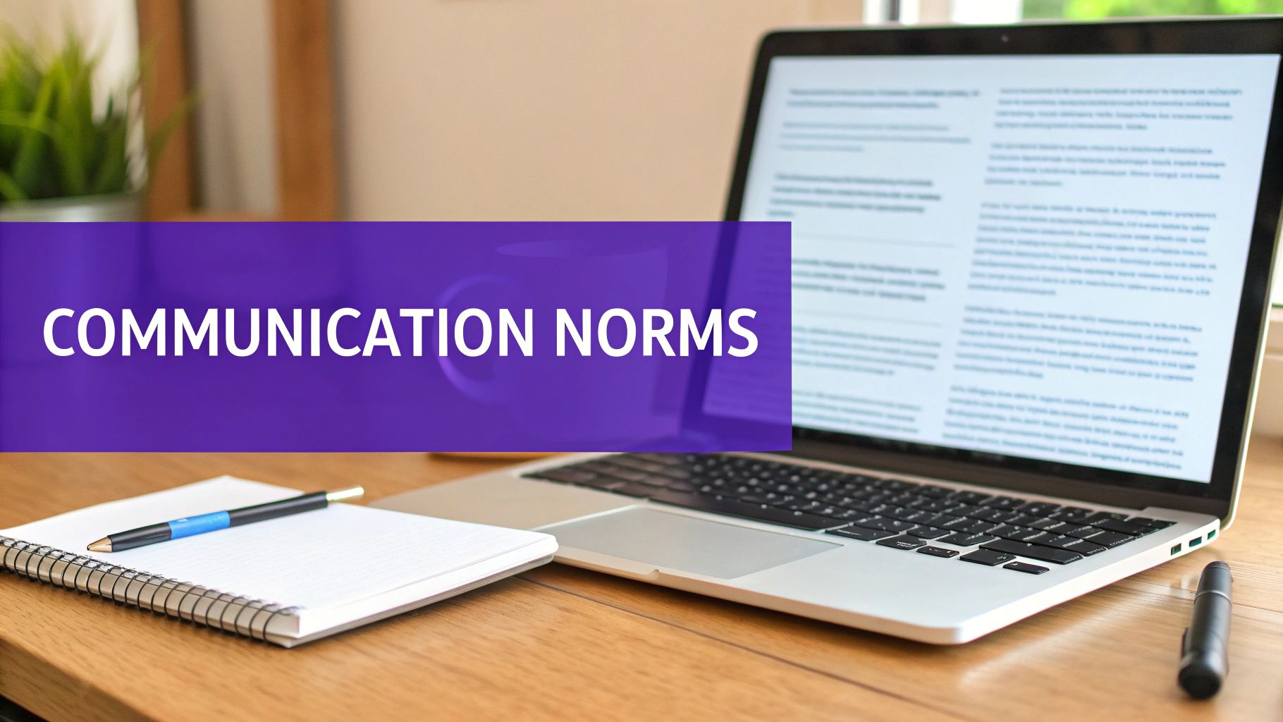 A desk setup featuring a laptop displaying text, an open notebook, and a pen. A purple banner overlays with "COMMUNICATION NORMS" written in white.