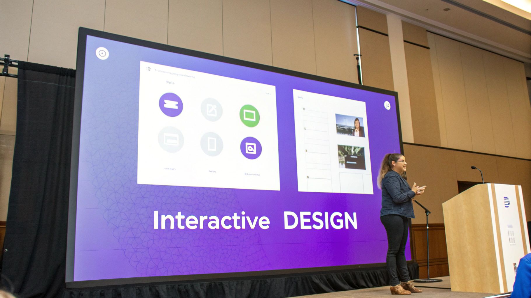 A presenter discusses interactive design on a large screen displaying UI components and profile images.