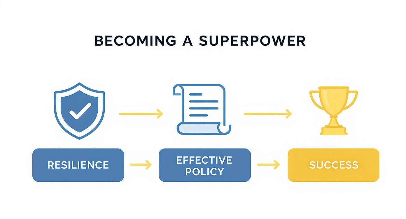 Infographic showing a process flow from a Resilience shield icon, to an Effective Policy scroll icon, to a Success trophy icon.