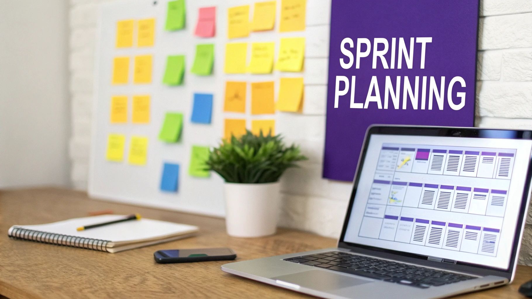 A desk with a laptop displaying a planning grid, a notebook, and a whiteboard with colorful sticky notes and a 'SPRINT PLANNING' banner.
