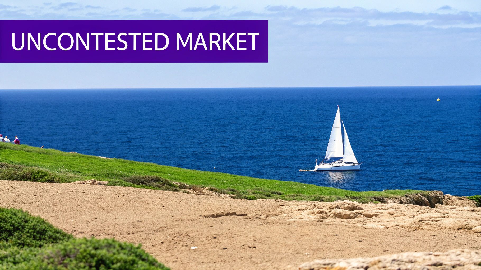 A white sailboat glides on a deep blue ocean with a grassy and sandy shore, beneath a banner saying UNCONTESTED MARKET.