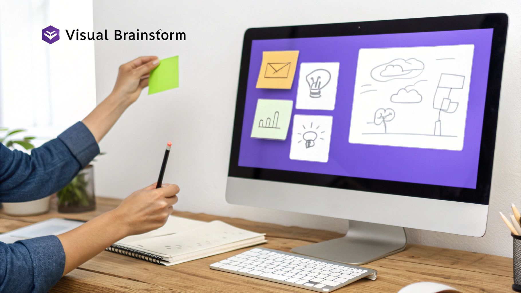 Person placing a green sticky note during a visual brainstorming session, with a computer displaying ideas.