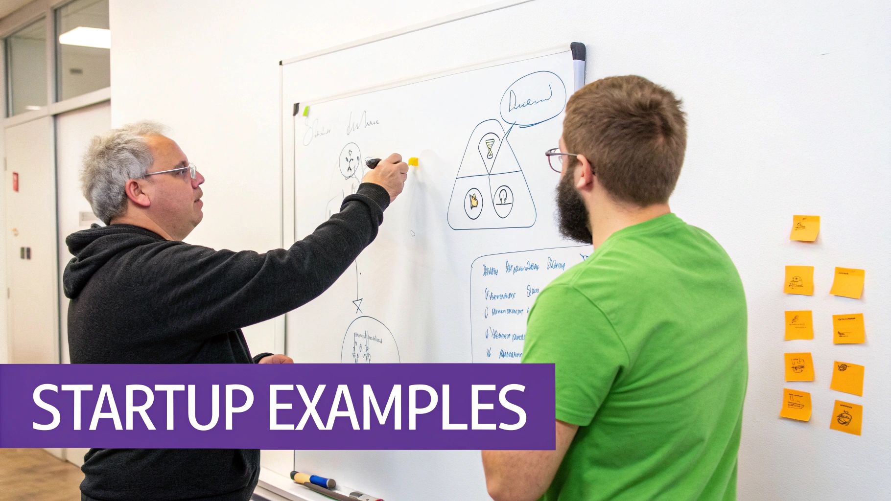 Two men actively brainstorming and discussing ideas on a whiteboard with diagrams and sticky notes.