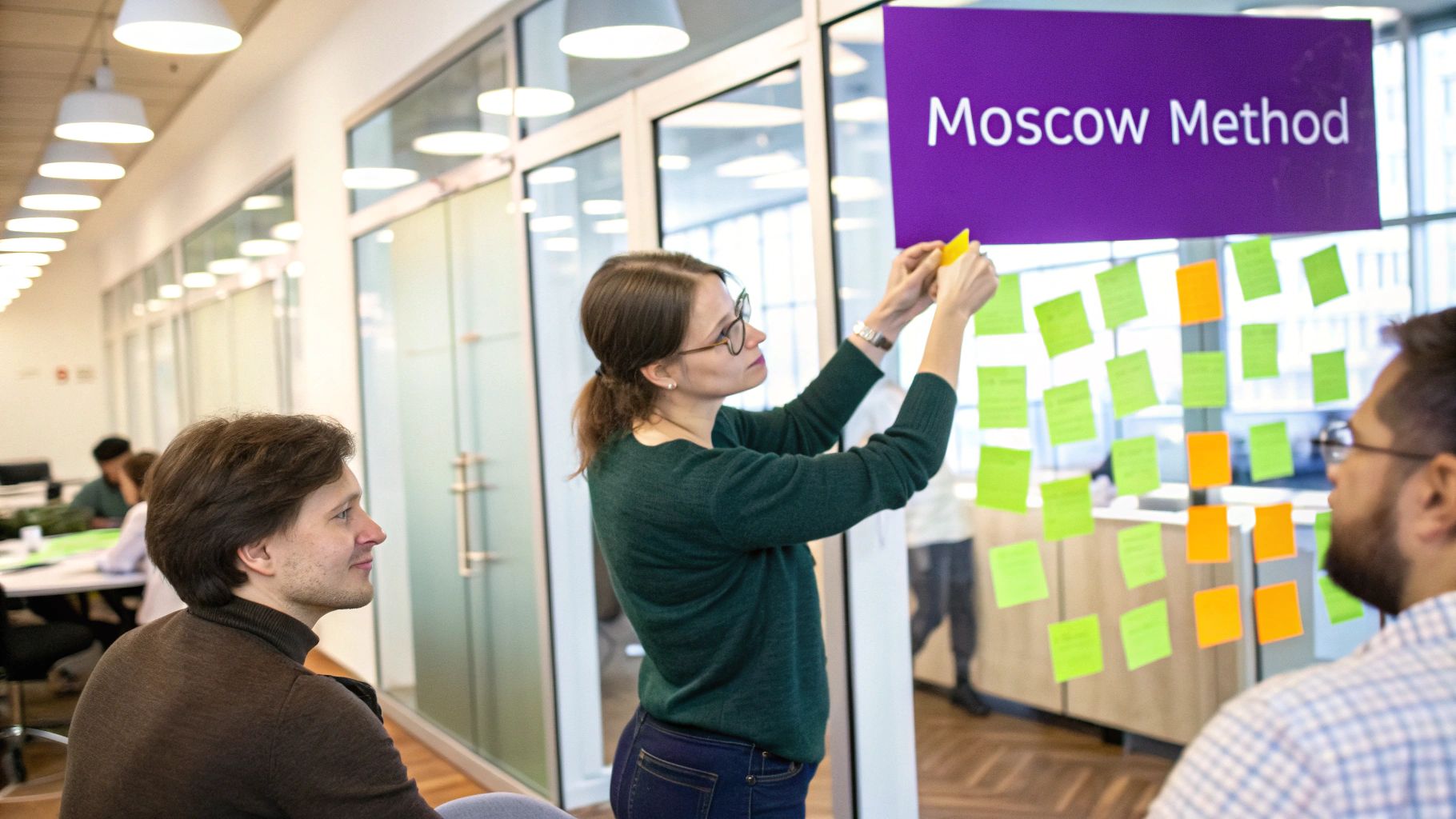 An infographic illustrating the MoSCoW Method, with four categories: Must Have (critical for the current delivery), Should Have (important but not necessary), Could Have (desirable but not necessary), and Won't Have (out of scope for now).