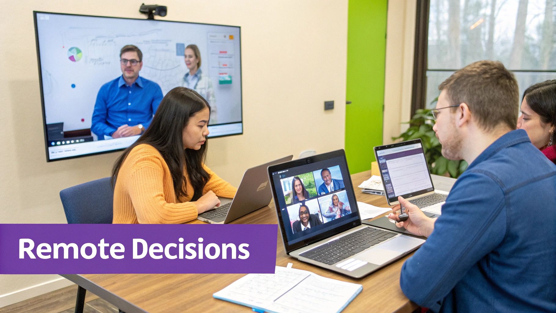 A remote team collaborating on a digital whiteboard, highlighting modern decision-making.