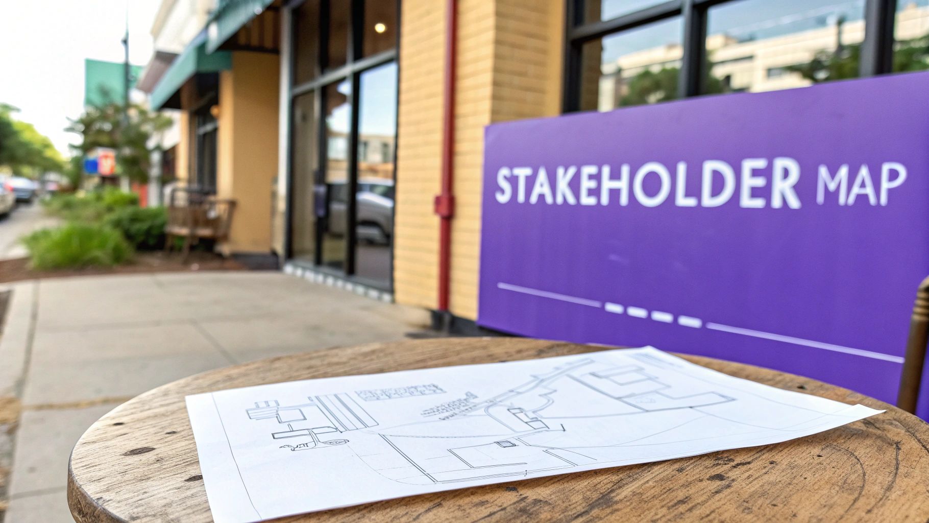 A team collaborating on a stakeholder map on a whiteboard, illustrating the visual and collaborative nature of the process.