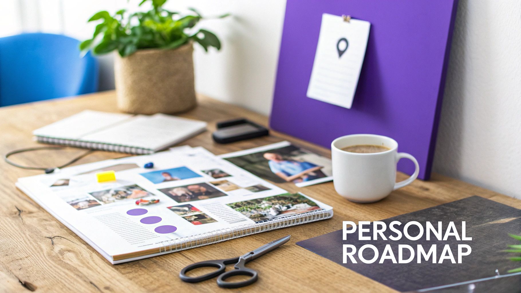 A detailed 'Personal Roadmap' document open on a rustic wooden desk with office supplies.