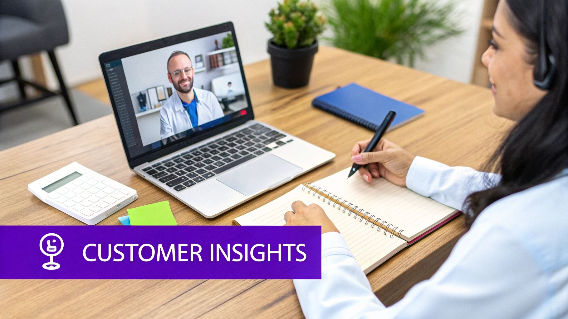 A woman in a headset takes notes during a virtual consultation with a doctor on a laptop.